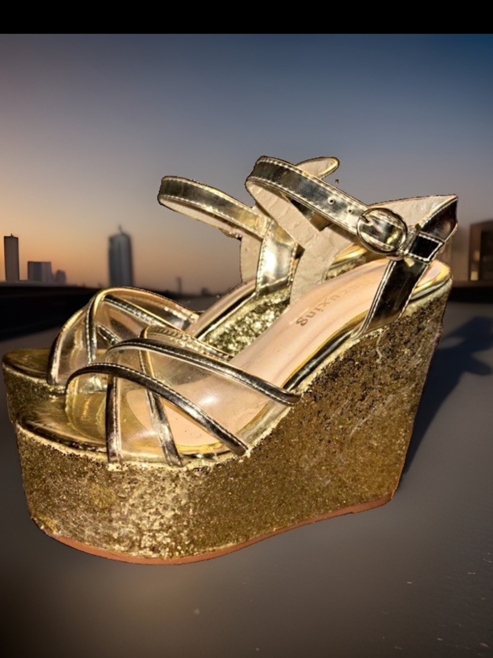 Jinzuxing Gold Glitter Platform Wedge Ankle Strap Buckle Heels, EU 36
